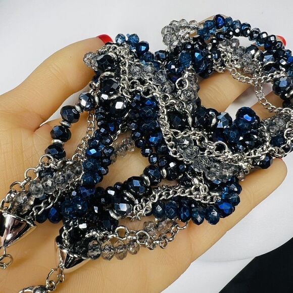 Vintage Necklace Midnight Blue Bling Multi Strand Faceted Beads Chain Wrap 1175 - Picture 8 of 11